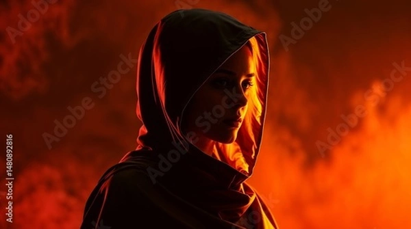 Fototapeta silhouetted figure in hooded cloak surrounded by fire and smoke for use in dramatic visual concepts