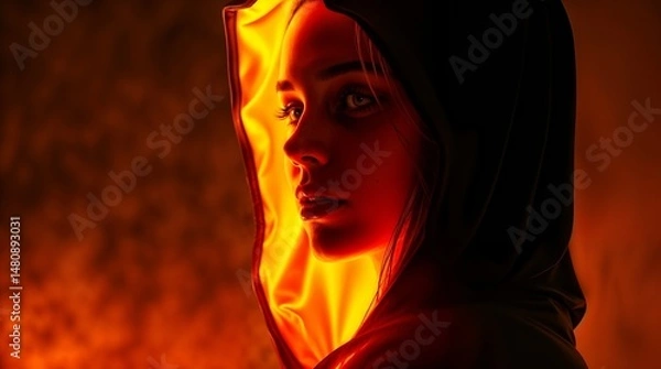 Fototapeta dark hooded figure glowing with fiery orange light in futuristic neon noir atmosphere for sci fi visuals