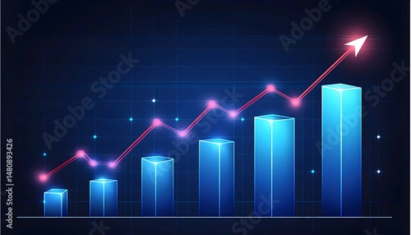Fototapeta Upward trending bar graph showcases exponential growth, depicted with glowing nodes and a rising arrow, set against a dark blue grid background