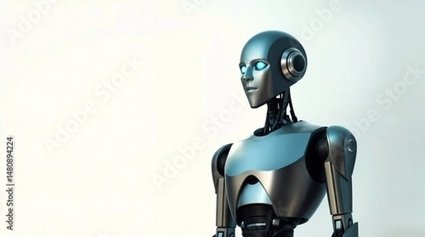 Fototapeta futuristic humanoid robot with shiny metallic surface standing in front of a minimalistic background