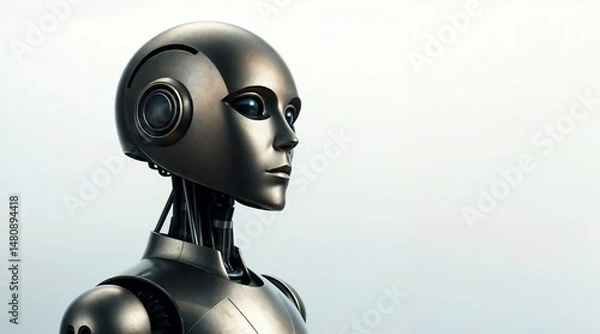 Fototapeta advanced humanoid robot with metallic finish, showcasing sleek design against a simple light backdrop