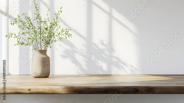 Fototapeta A minimalist wooden table with a simple vase holding green branches, casting soft shadows in a sunlit room.