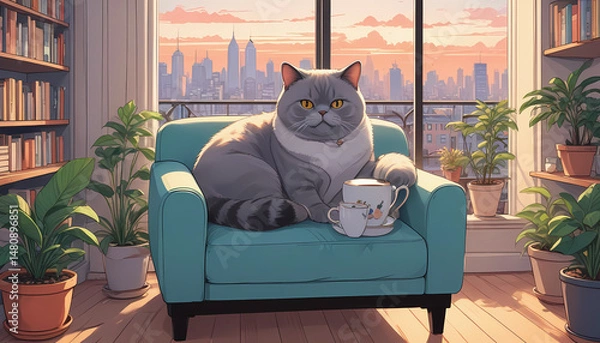Fototapeta A playful cat sitting on the luxurious couch, interior design backdrop, indoor setup wallpaper 