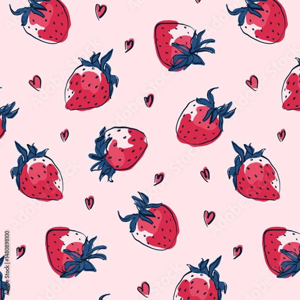 Fototapeta Seamless strawberry pattern, doodle berry fruit repeating print, hand drawn abstract organic nature shapes for wrapping paper textile fabric. Vector texture