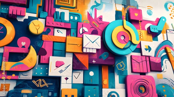 Fototapeta A vibrant and dynamic abstract mural featuring a mix of geometric shapes and bold colors, creating a lively urban atmosphere.