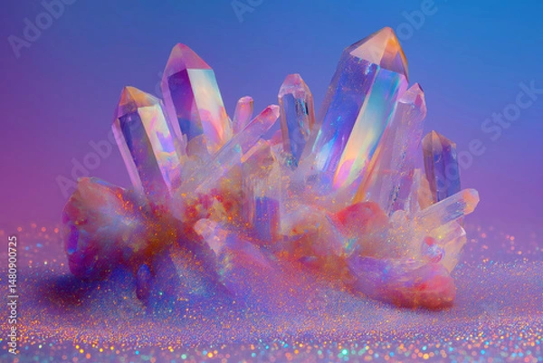 Obraz Iridescent Quartz Cluster: A stunning quartz cluster showcases an array of luminous crystals in a captivating arrangement, radiating with vibrant hues and a gentle, enchanting aura. 