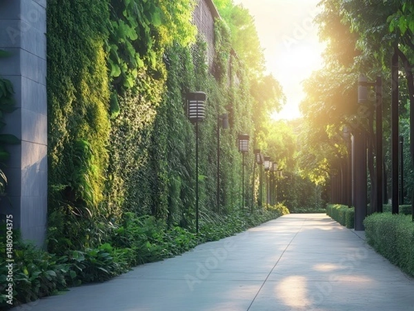 Fototapeta Urban street with vertical gardens and solar-powered streetlights, in the context of architectural design, soft morning light, lush greens and subtle grays, street-level photo