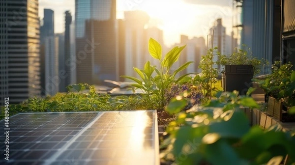 Fototapeta Rooftop garden with solar panels and water system, in the context of sustainable living, bright daylight, green plants, metallic tones, wide-angle city view