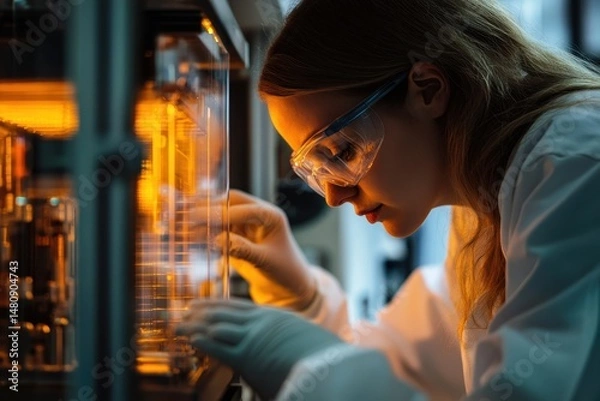 Fototapeta Scientist working on next-gen solar battery in clean lab, in the context of research and development innovation, close-up shot, cool lighting, documentary photography