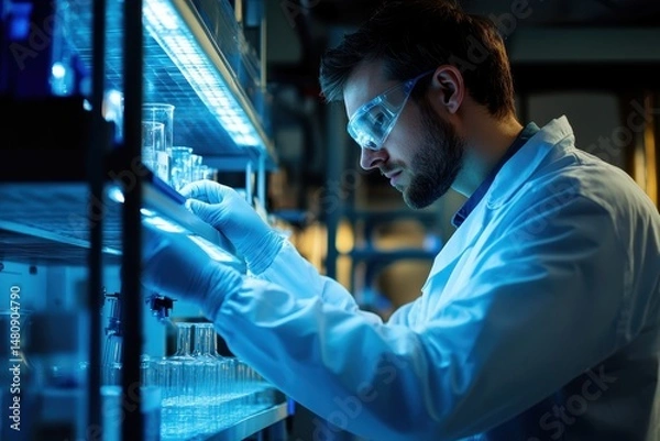 Fototapeta Scientist working on next-gen solar battery in clean lab, in the context of research and development innovation, close-up shot, cool lighting, documentary photography