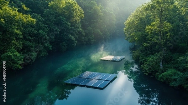 Fototapeta Floating solar panels on a lake surrounded by forest, in the context of clean energy integration with nature, soft misty light, deep blues and greens, wide serene view