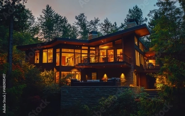 Fototapeta Eco-smart house at night with automated lighting, in the context of modern lifestyle, warm ambient tones, soft grays and yellows, real estate night photo