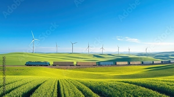 Fototapeta Solar-powered cargo train crossing green landscape, in the context of power generation freight transport, clear sky, wind turbines, greens and silvers, landscape view