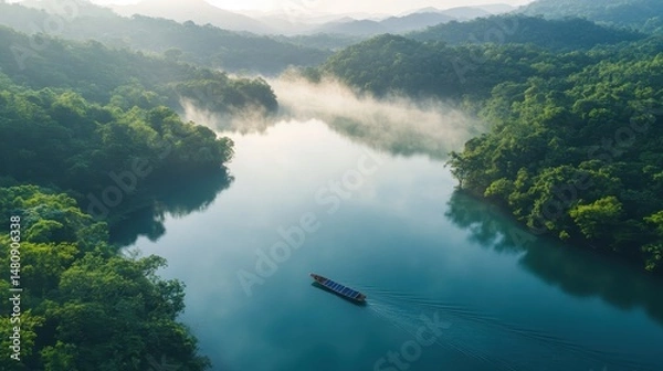 Fototapeta Electric boat powered by solar energy on mountain lake, in the context of serene lake, early misty morning, blues and greens, calm wide view