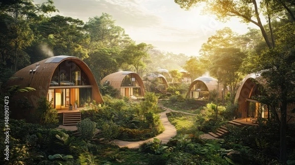 Fototapeta Eco-village powered by solar energy, in the context of forest sustainable living, soft filtered sunlight, greens, browns, and warm yellows, nature-focused wide view