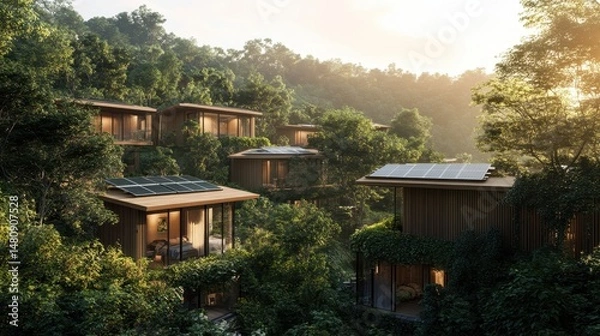 Fototapeta Eco-village powered by solar energy, in the context of forest sustainable living, soft filtered sunlight, greens, browns, and warm yellows, nature-focused wide view