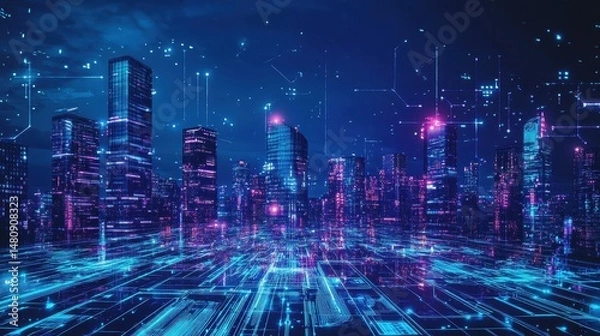 Fototapeta Night smart city powered by renewables, in the context of cyberpunk digital art, neon reflections, dark ambient tones, wide-angle cyber-style view