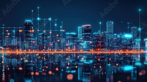 Fototapeta Night smart city powered by renewables, in the context of cyberpunk digital art, neon reflections, dark ambient tones, wide-angle cyber-style view