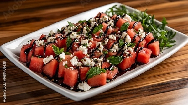 Fototapeta Watermelon Salad with Feta Cheese and Balsamic Glaze