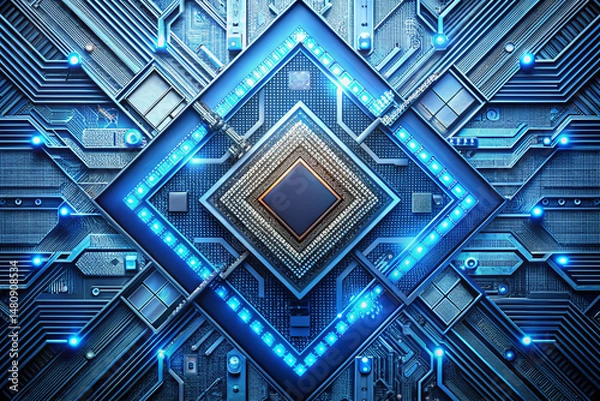 Fototapeta Abstract digital circuit board with glowing blue led lights and geometric design