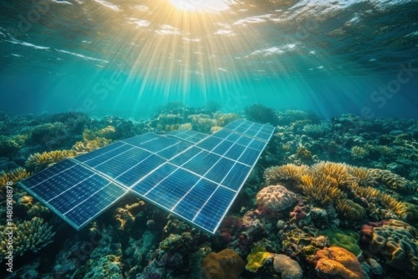 Fototapeta Underwater solar panels on thriving coral reef, in the context of marine energy solutions, hyperrealistic shot, sunlight through water, vibrant blues and corals