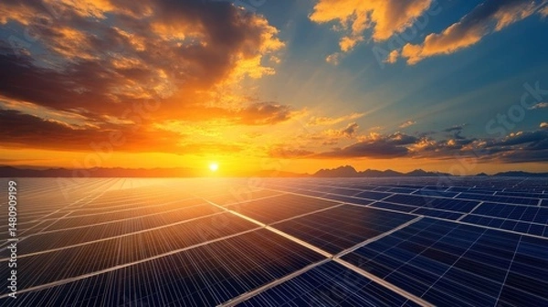 Fototapeta Solar farm at sunrise with mountain backdrop, in the context of early-morning renewable energy capture, golden hour light, deep blues and oranges