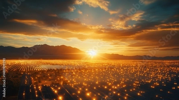 Fototapeta Solar farm at sunrise with mountain backdrop, in the context of early-morning renewable energy capture, golden hour light, deep blues and oranges