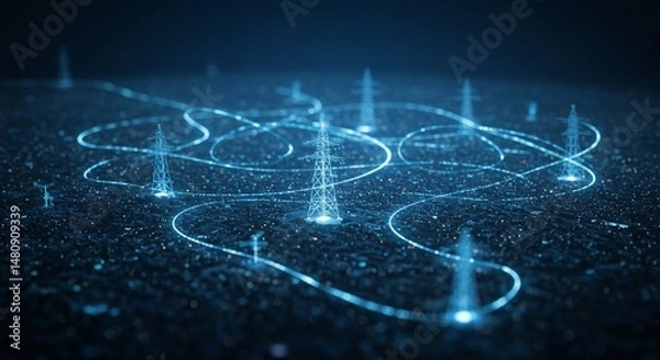 Fototapeta A futuristic, glowing network of power lines and towers connecting a city. The intricate system emphasizes energy distribution and connectivity.