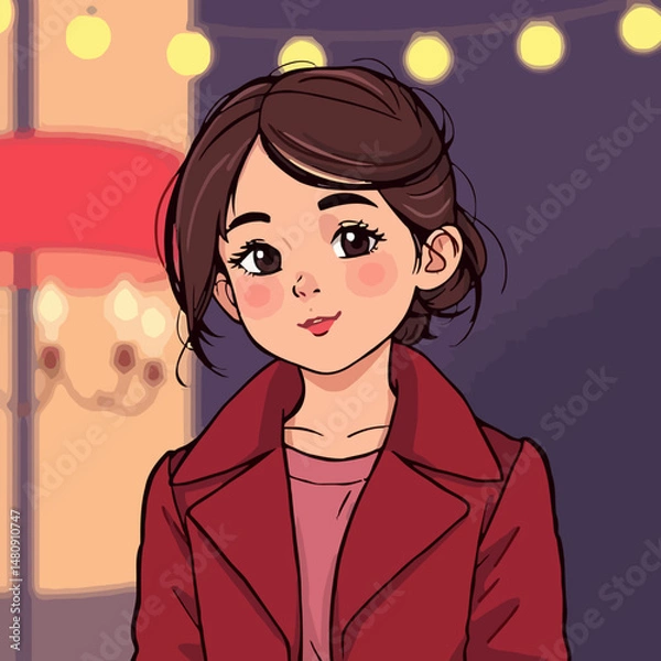 Fototapeta Poised Portrait: A stylized illustration of a young woman, radiates charm with her stylish attire, softly lit by the evening ambiance and capturing a moment of serene contemplation.
