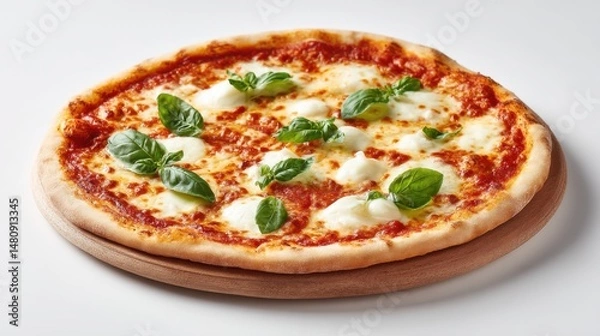 Fototapeta A stunning image of top view of a margherita pizza with copy space image presented on a white background.