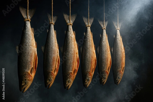 Obraz smoked sea salmon hanging in a row inside a traditional smokehouse with dense smoke, showing a natural and rustic seafood preservation process