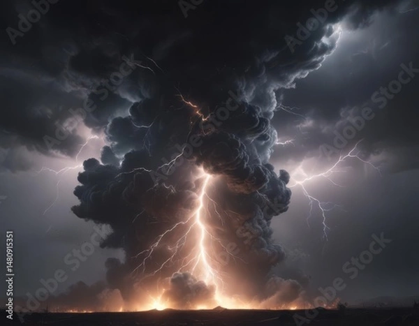 Obraz Dense, charcoal clouds writhe, a vibrant bolt of lightning rips through the gloom ,  sky photography,  heavy,  meteorology