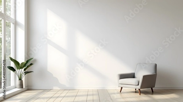 Fototapeta modern interior design of office. Minimalism in the interior with light-colored walls, indoor plant and one chair by the wall, on which the light from the window falls.