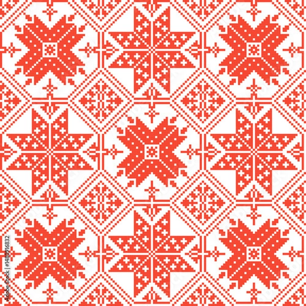 Fototapeta Repeating seamless pattern with slavic symbols truth and justice. Flat style in red and white traditional colors.