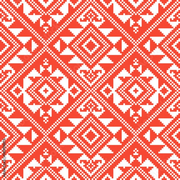 Fototapeta Repeating seamless pattern with slavic symbols thunder, moon and sun. Flat style in red and white traditional colors.