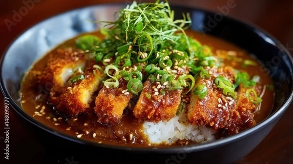 Fototapeta A stunning image of steamy bowl of katsu curry with tender pork cutlets, thick curry sauce, and jasmine rice, topped with fresh spring onions and sesame seeds.