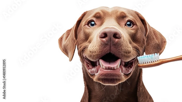 Fototapeta A dog with a toothbrush in his teeth on a white background. Hygiene and health.