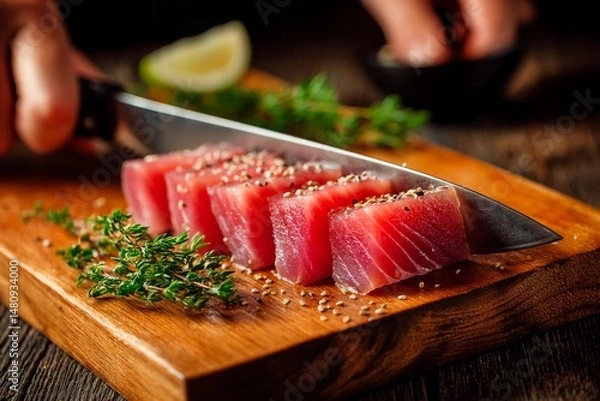 Fototapeta A skilled chef slices into fresh tuna, preparing sashimi on a wooden board. Garnished with herbs and sesame seeds, the dish is accompanied by lime for flavor enhancement