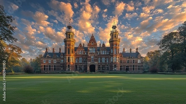 Obraz Majestic brick castle at sunrise, surrounded by lush green lawns and dramatic clouds