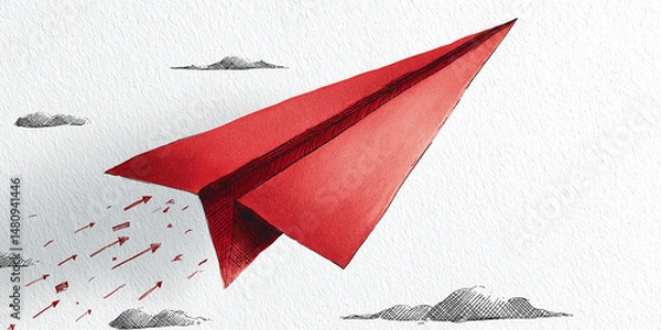 Fototapeta Red paper airplane in flight, surrounded by small arrows symbolizing progress, speed, and achievement