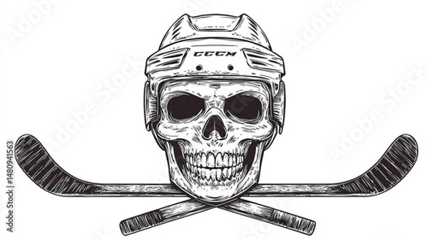 Obraz A skull wearing a hockey helmet, crossed hockey sticks behind