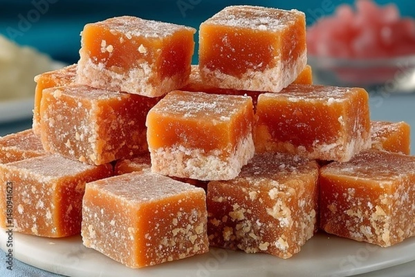 Fototapeta Tower of Crunchy Caramel Squares Dusting Sugar