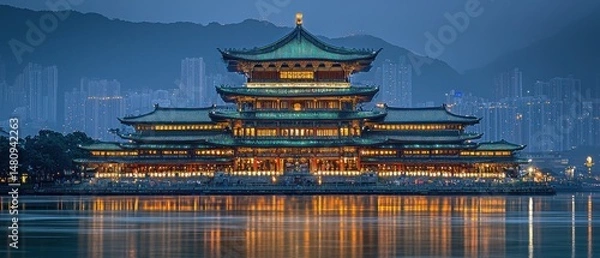 Obraz Illuminated Asian temple at twilight, reflecting in calm water, with city skyline in background