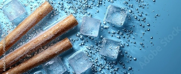 Obraz Frozen dessert sticks rest on a cool blue background amongst ice cubes and shimmering sprinkles