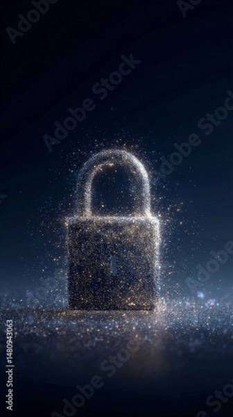 Fototapeta Sparkling padlock formed from particles on dark background, symbolizing digital security, data protection, and privacy
