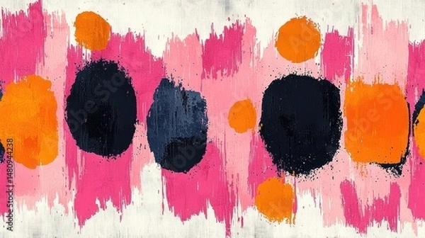 Obraz Abstract artwork featuring pink brushstrokes and orange and dark circles.  A vibrant, textured composition of color and shape
