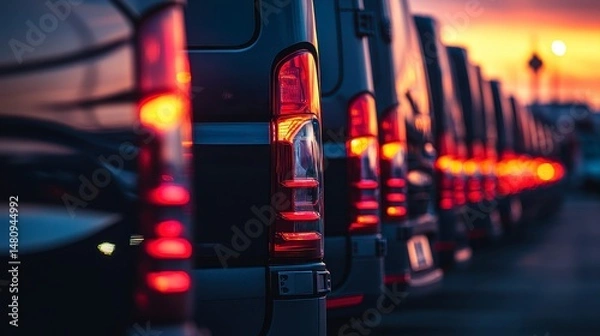Obraz Row of parked vans at sunset, rear lights glowing.