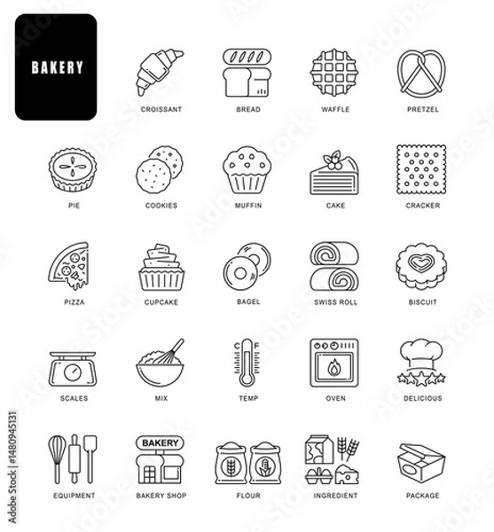 Fototapeta Set of bakery related vector line icons. Contains such Icons as bread, cake, pizza, pie, butter, flour, oven and more.