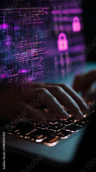 Obraz Close-up of hands typing on a keyboard, purple code and lock icons on screen, suggesting cybersecurity or data protection, a concept of digital security and privacy