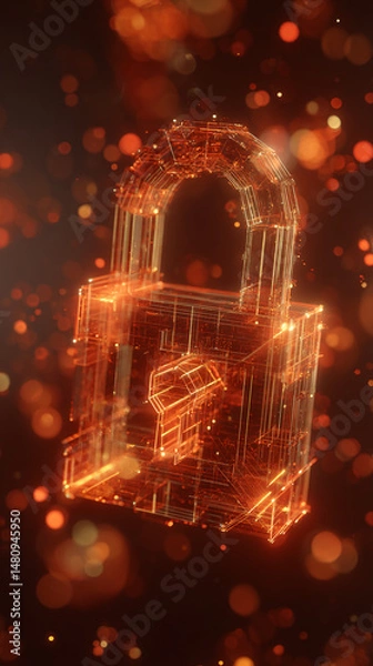 Obraz Amber-glowing wireframe padlock on dark background with bokeh effect, symbolizing digital security, data protection, or online privacy